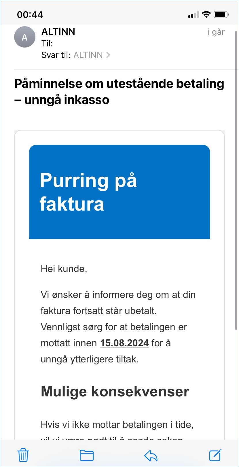 Eksempel på falsk e-post